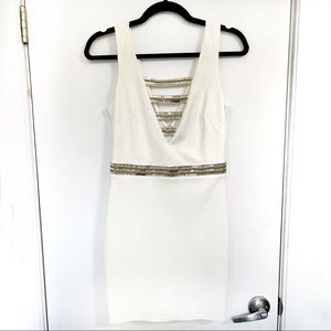 Bebe Harlow Double V Embellished Dress (White)